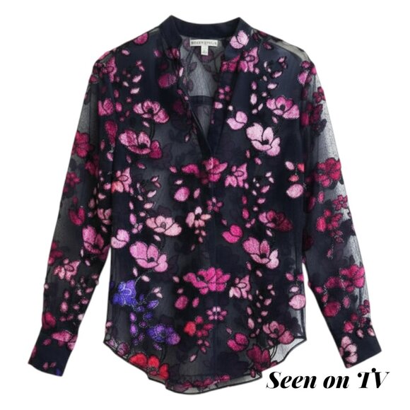 Alice + Olivia Velvet Flocked Sheer Chiffon Designer Blouse XS Black Seen on TV - Picture 1 of 13